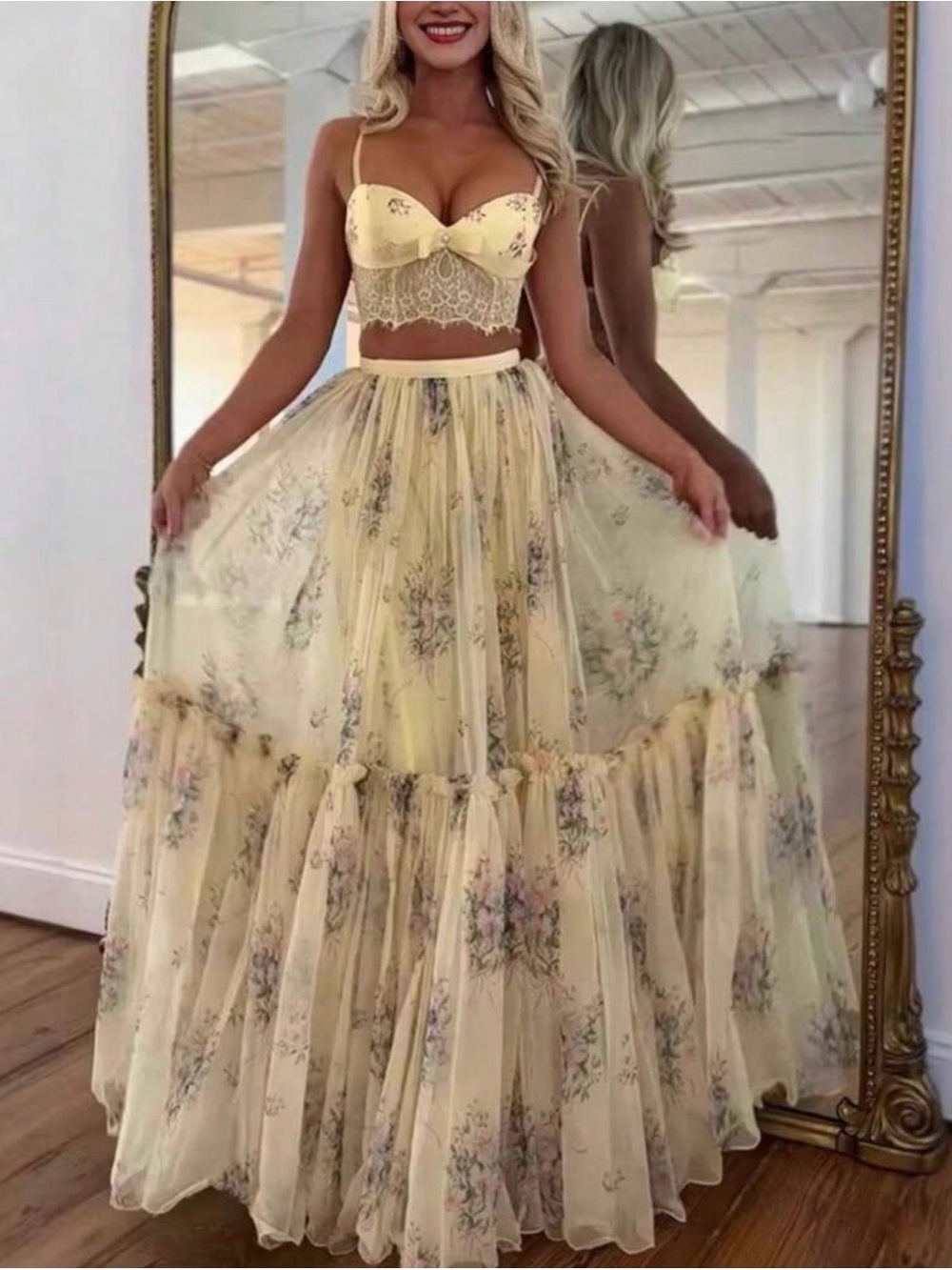 Yellow Floral Lace Crop Top & Maxi Skirt Set